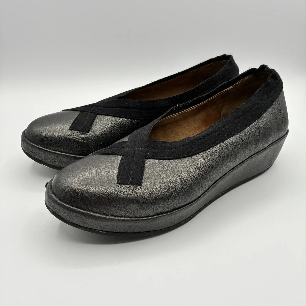 Fly London Bobi Wedge Loafers Womens 41 10 Black Metallic Leather Slip On Shoes
